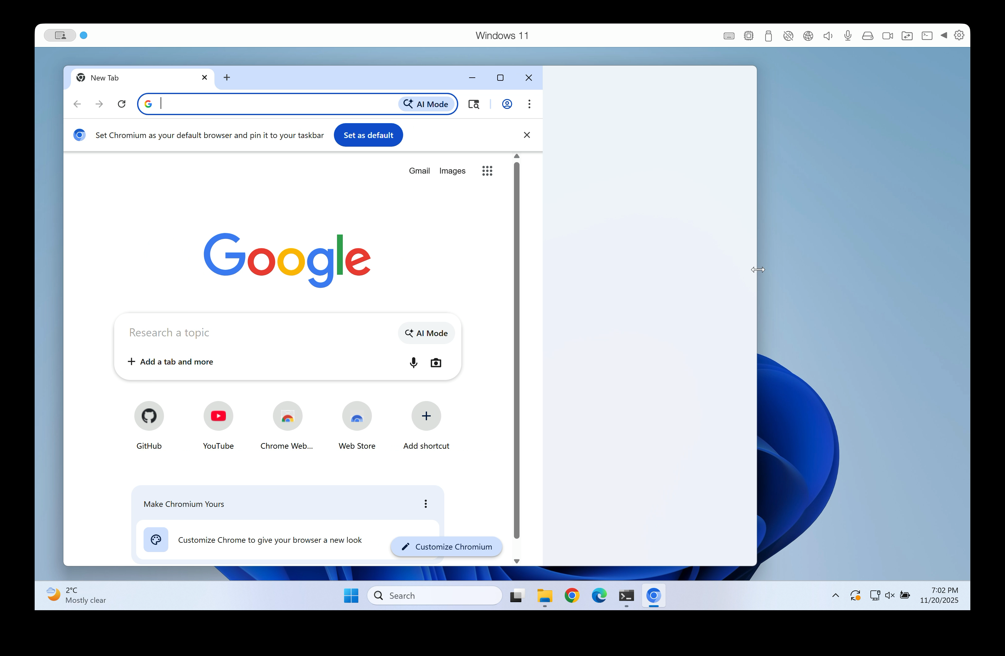 Chromium サイズ変更の時系列の 2 番目のフレーム