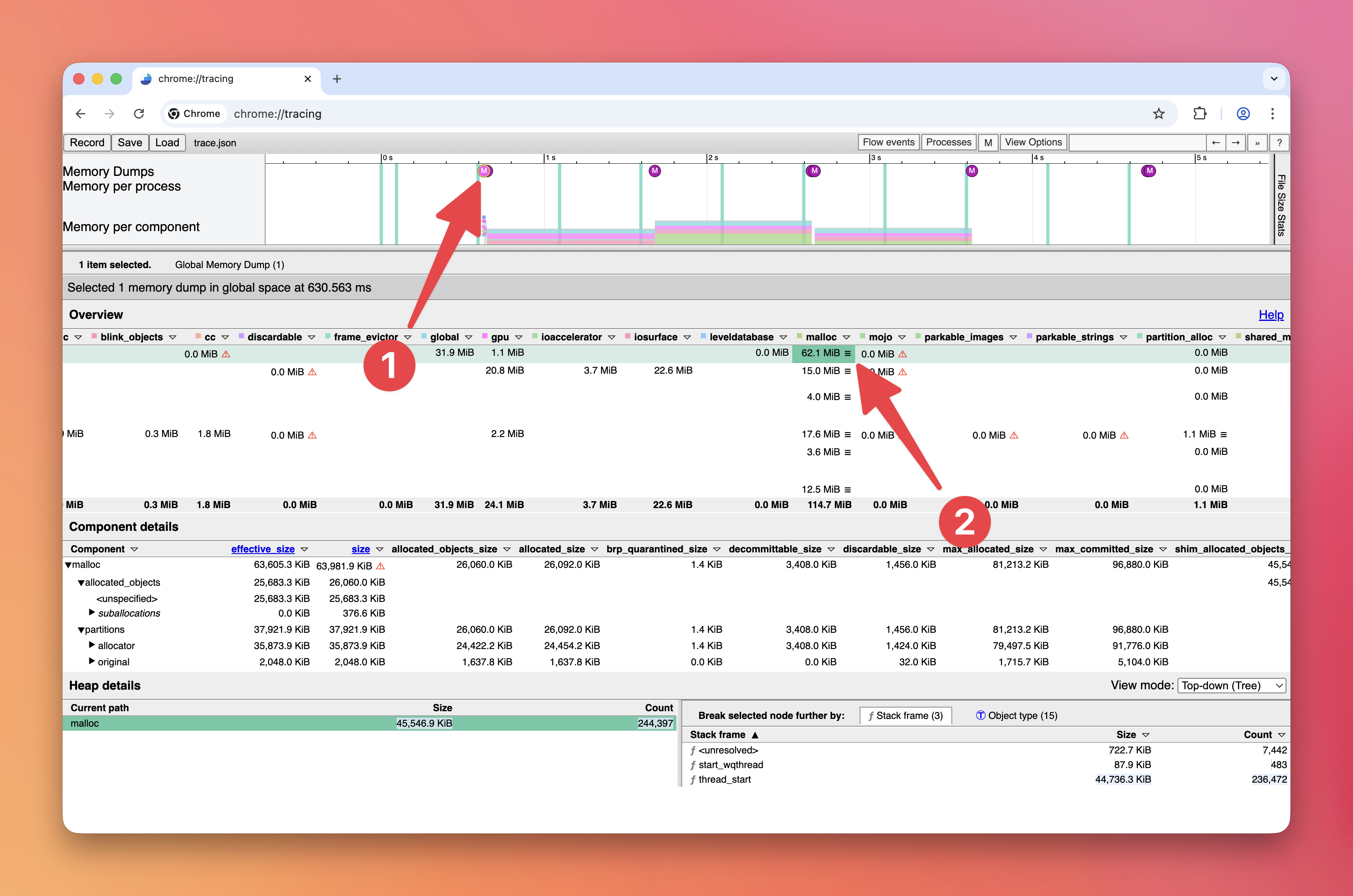 Screenshot showing how to view a heapdump in Chromium's tracing view